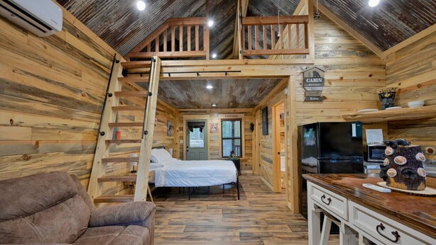 A cabin interior with a loft bedroom, a sofa, a kitchen area, and a wooden exterior. - Cozy Cabin 3 miles to WPG Slps 4, ATV friendly (Mena)
