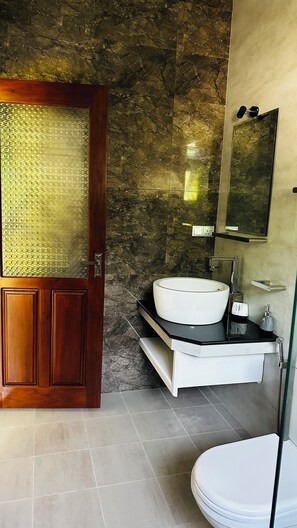 Une salle de bain avec une porte en bois, un mur en marbre, un lavabo blanc et des toilettes.