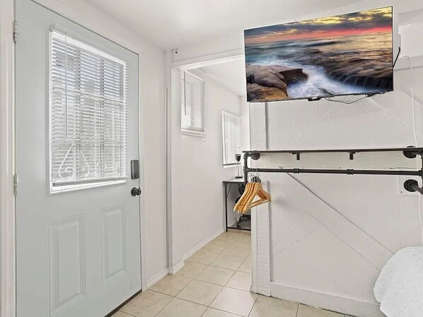 1 bedroom, desk, iron/ironing board, travel cot