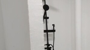 Casa de banho branca com barra de chuveiro preta fixada na parede.