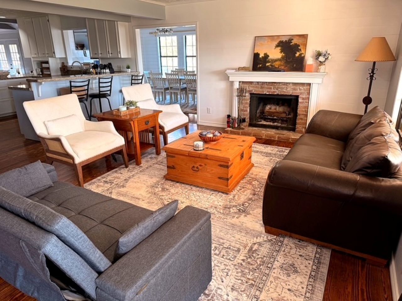 Smart TV, fireplace, books, printers