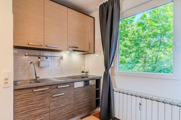 Fridge, oven, stovetop, cookware/dishes/utensils