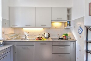 Frigorífico, microondas, horno y placa de cocina
