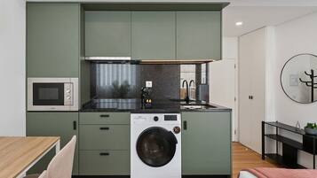 Fridge, microwave, coffee/tea maker, toaster