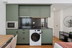 Fridge, microwave, coffee/tea maker, toaster