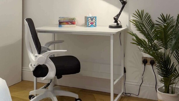Un espacio de trabajo con escritorio, silla, lámpara de escritorio, libros, un cuadro enmarcado y una planta en maceta.