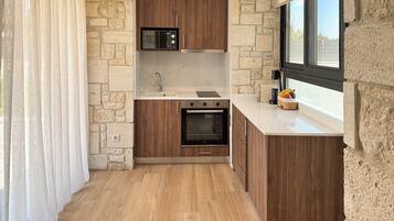 Frigorífico pequeño, microondas, horno y placa de cocina