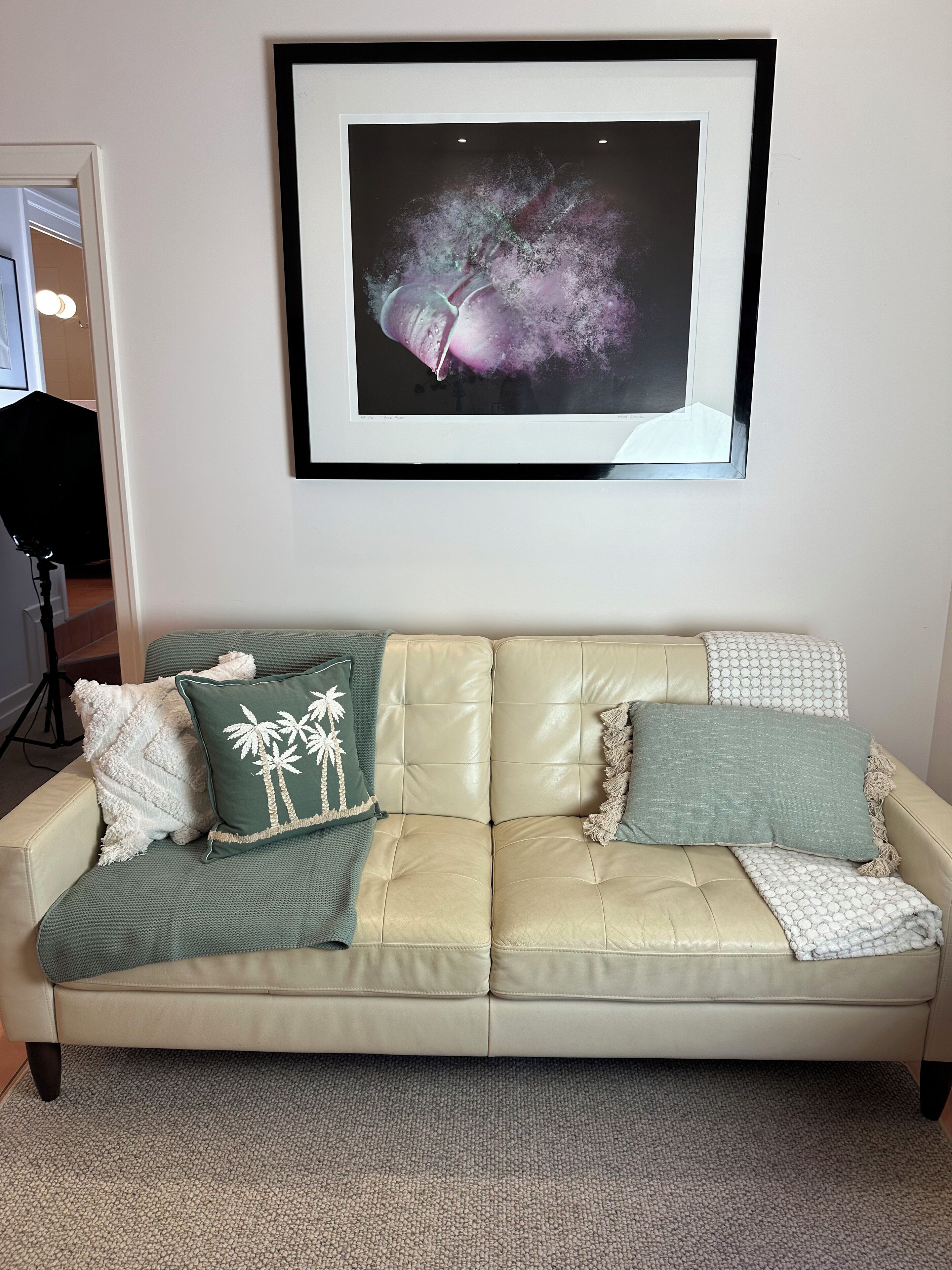 A beige leather sofa with decorative pillows, a framed abstract painting above it, and a carpeted floor.