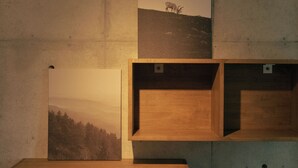 A wall with three framed pictures and two wooden display cases. - U Place Shimokitazawa (Tokyo)