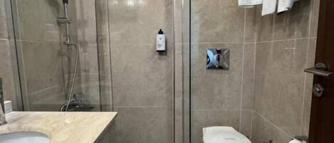 A modern bathroom with a glass-enclosed shower, a toilet, and a sink.