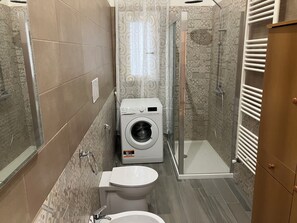 Shower, hair dryer, bidet, towels