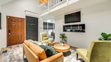 TV, fireplace, foosball, books