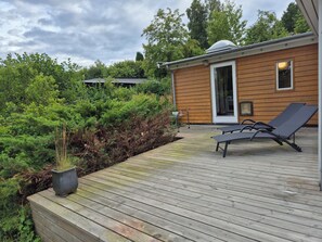 Une terrasse en bois avec des chaises longues, un pot de fleurs et un bĂątiment dotĂ© dâune porte en verre.