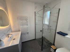 Shower, hair dryer, towels, soap