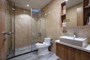 Basement One-bedroom Suite | Bathroom | Shower, hydromassage showerhead, hair dryer, bidet
