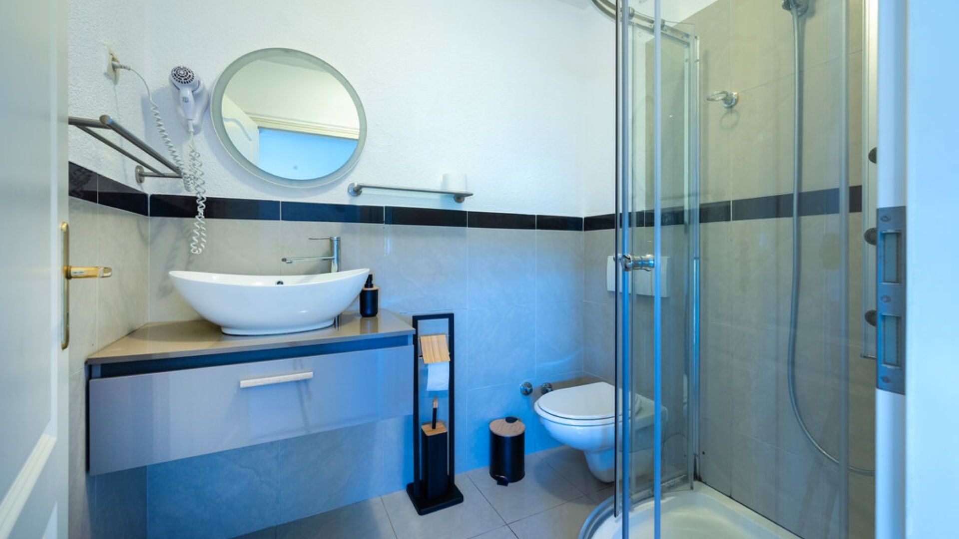 Shower, hair dryer, towels