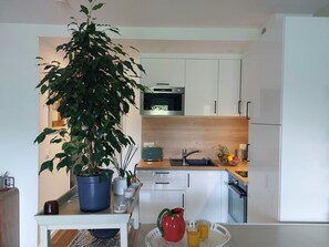 Geladeira, micro-ondas, talheres/pratos/utensílios de cozinha