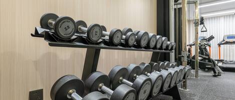 Une salle de sport avec des rangées d’haltères sur des supports, un tapis de course et un vélo d’appartement.