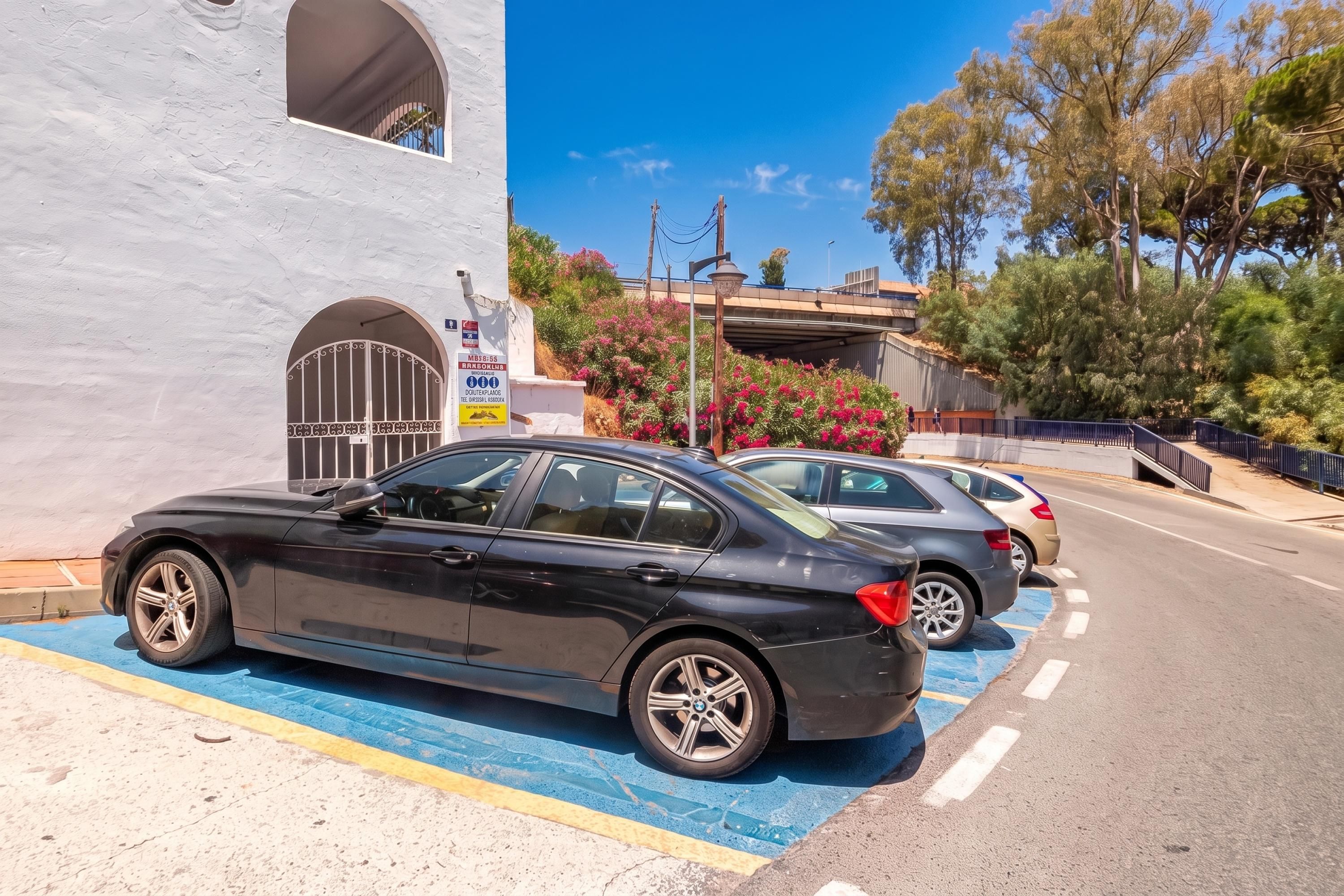 A black car parked in a designated parking space with a blue line marking.