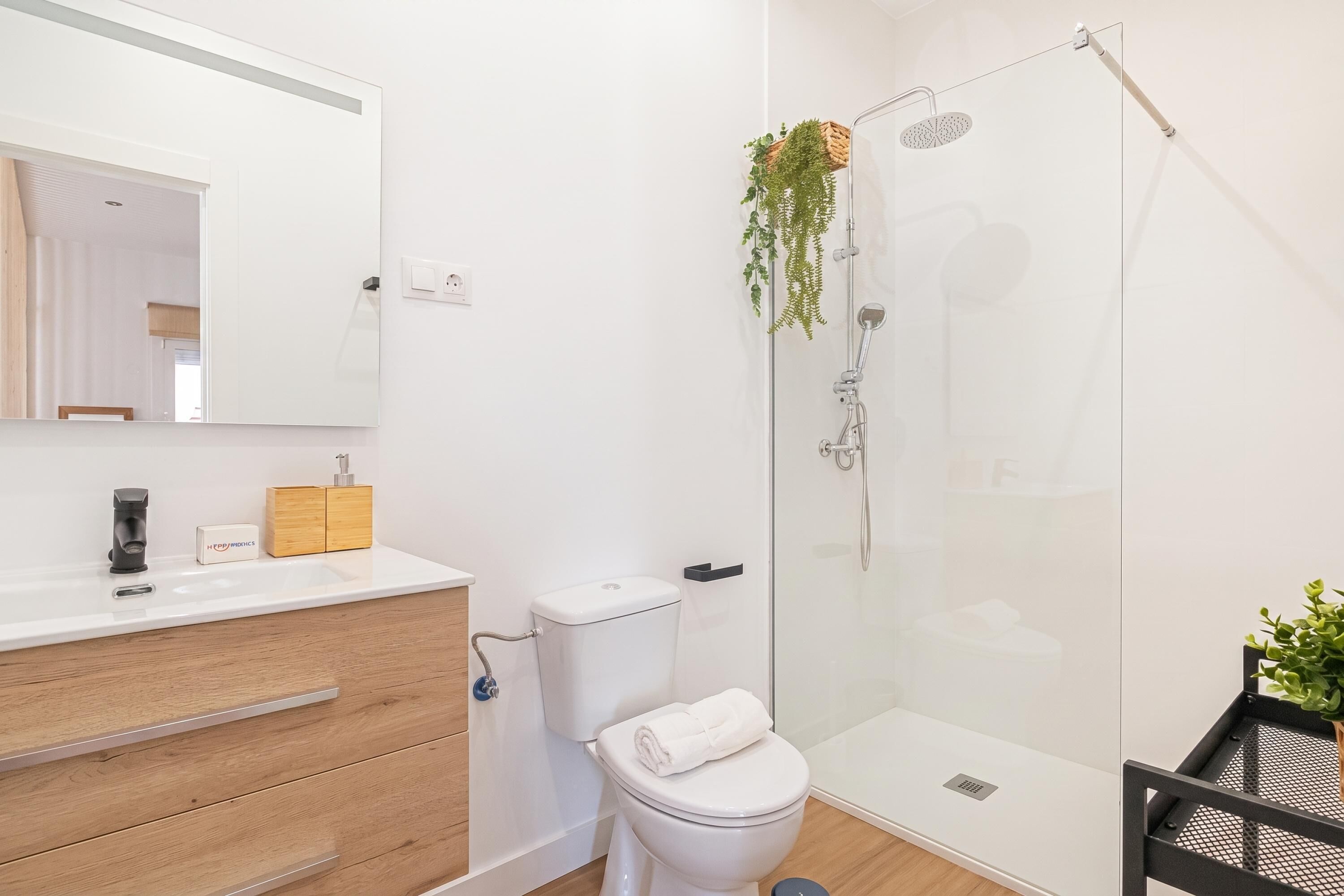 Een moderne badkamer met een douchecabine van glas, een wit toilet en een houten wastafelmeubel met een spiegel.