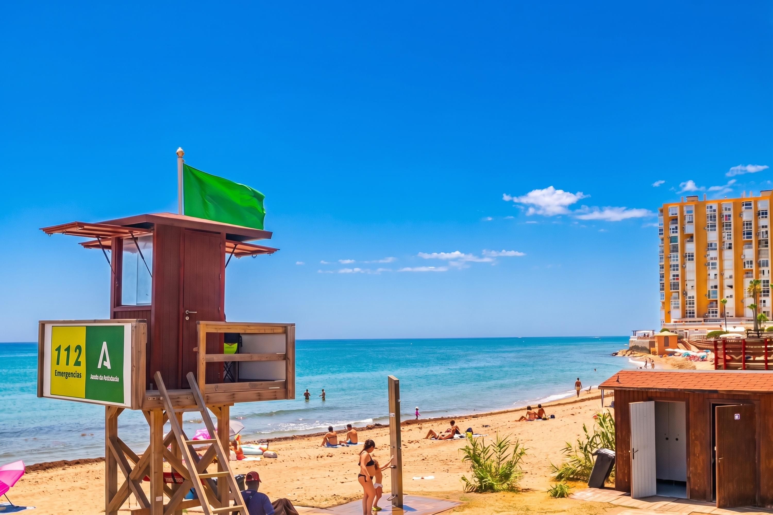 A beach with a lifeguard tower, a sandy beach, and a building with balconies overlooking the sea.