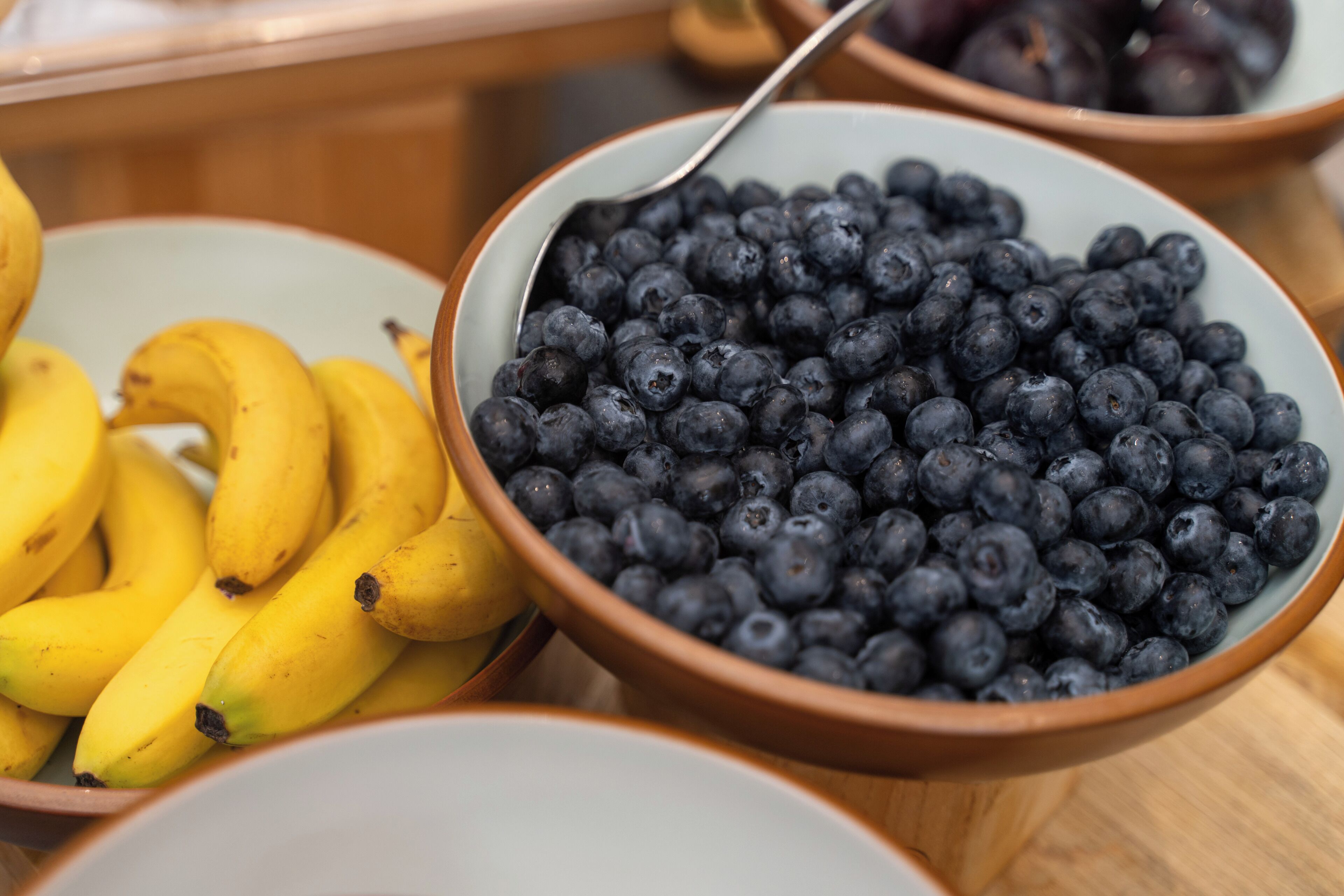 A bowl of blueberries and a bowl of bananas on a wooden table.