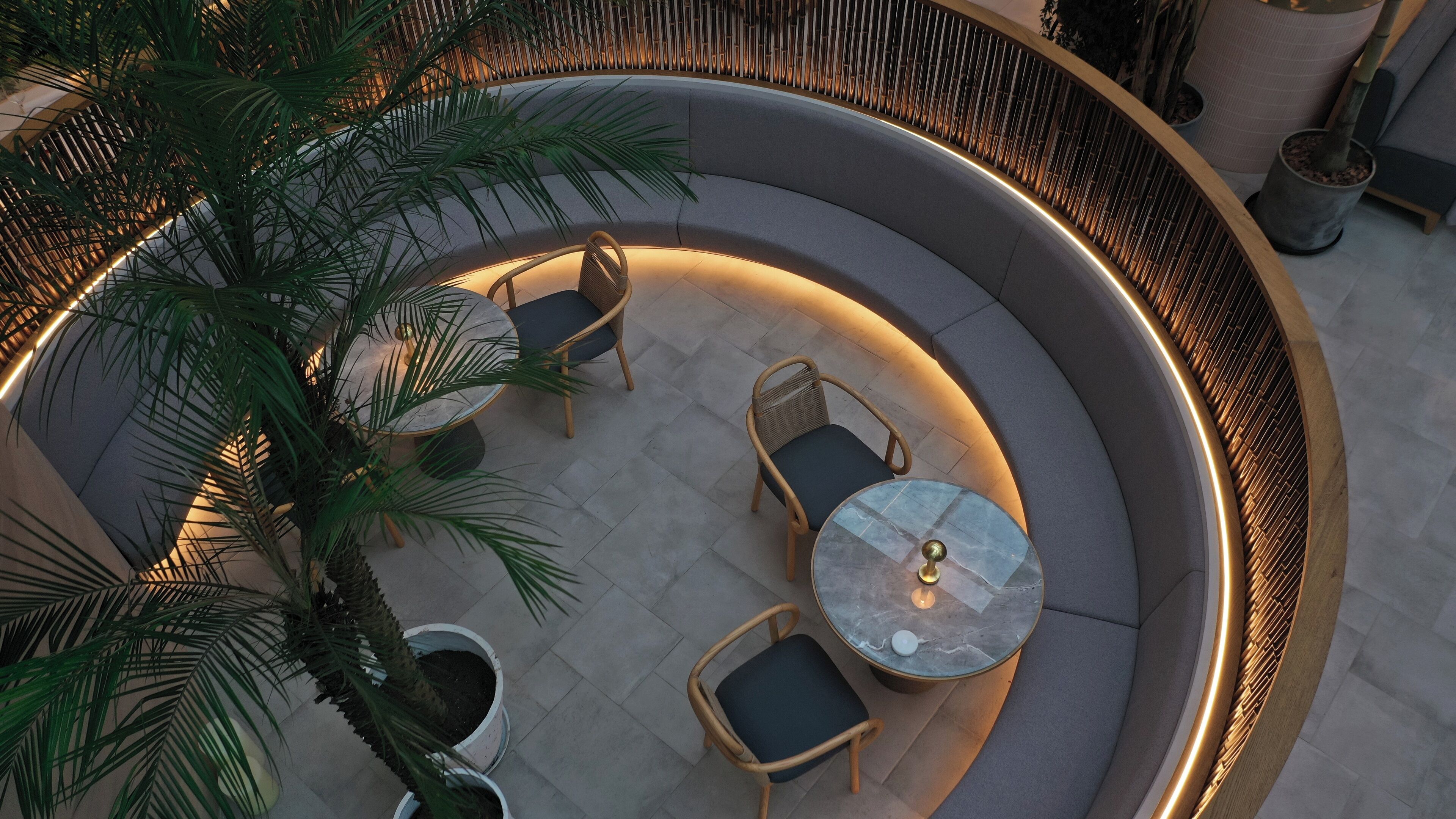 A circular outdoor seating area with a curved wall, a palm tree, and a round table with chairs.
