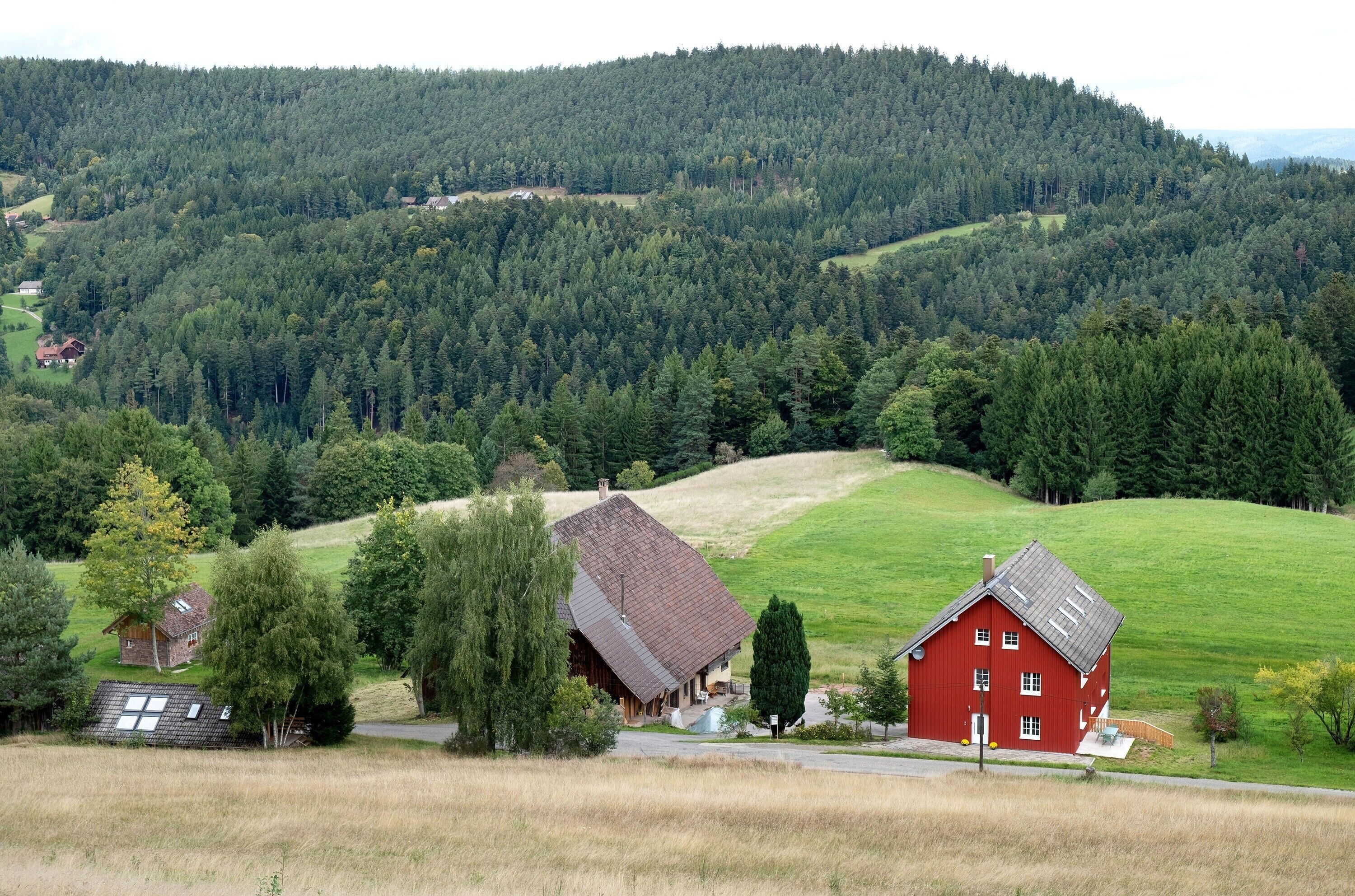 A rural landscape with a red barn and a house with a sloped roof.