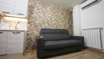 A compact living space with a kitchenette, a stone-patterned wall, a grey sofa, and a white radiator.