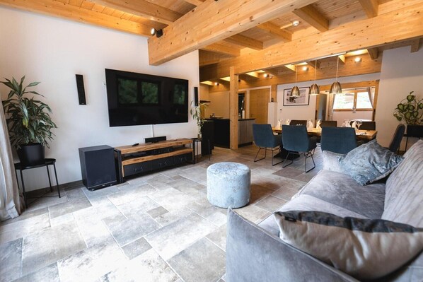 TV, DVD player, foosball, stereo