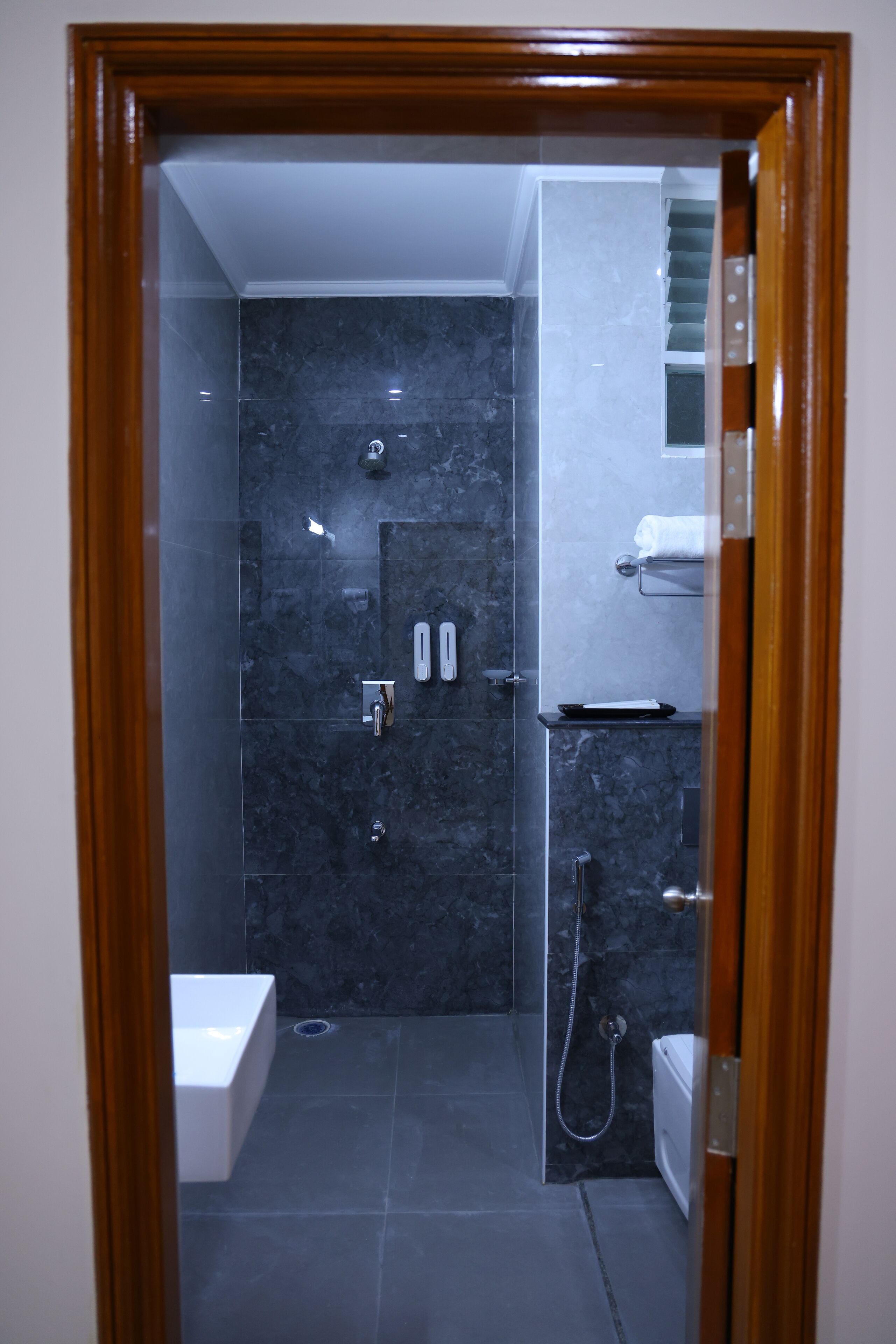 A modern bathroom with a glass-enclosed shower, a white sink, and a toilet.