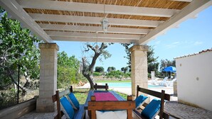 Un espace extérieur aménagé avec des sièges, protégé du soleil, et une piscine en arrière-plan.