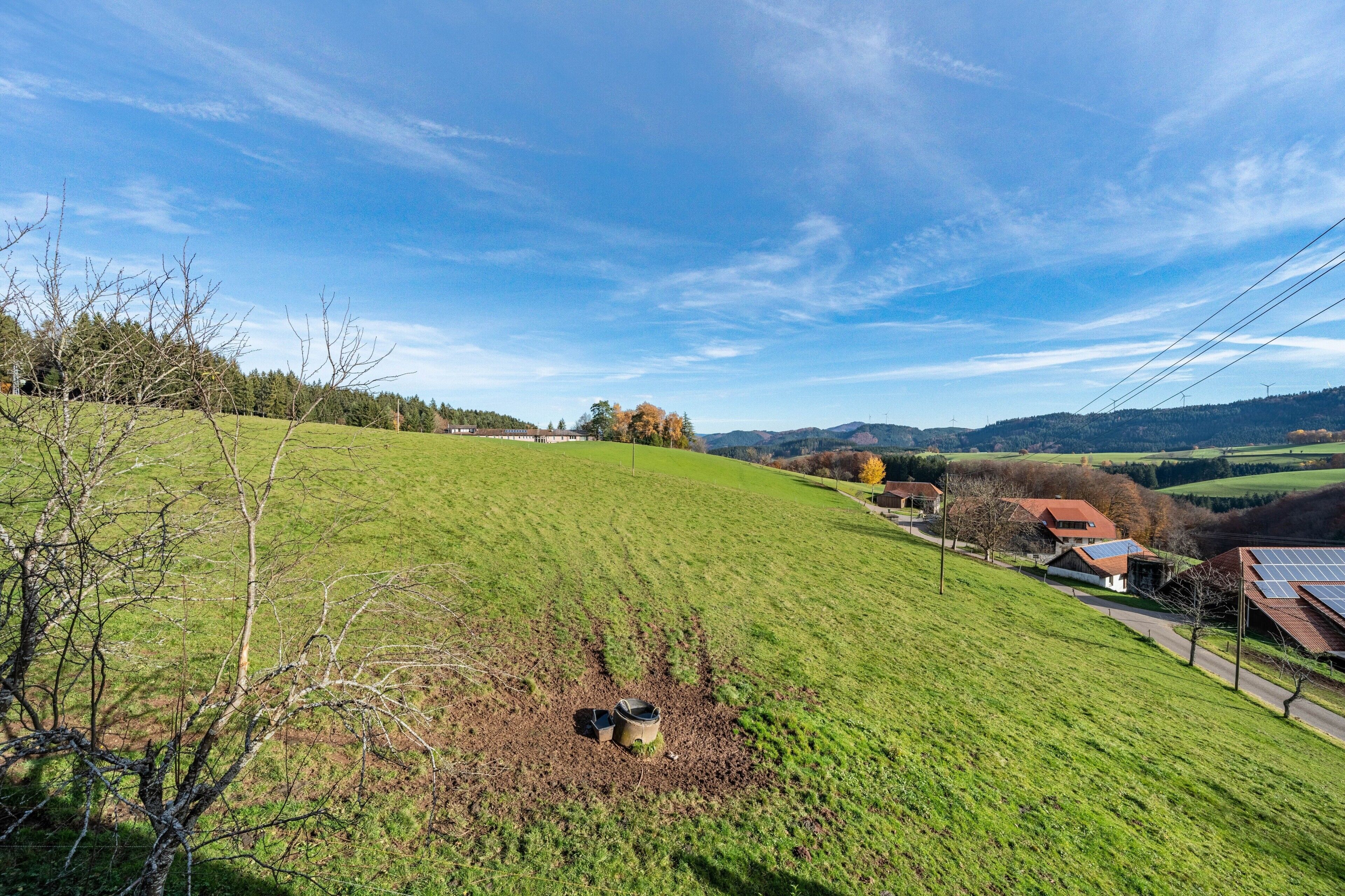A rural landscape with a green field, a few houses, and a clear sky.