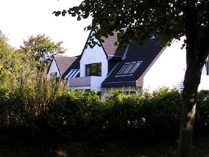 Une maison avec un toit en pente, de nombreuses fenêtres et entourée d’une végétation luxuriante.
