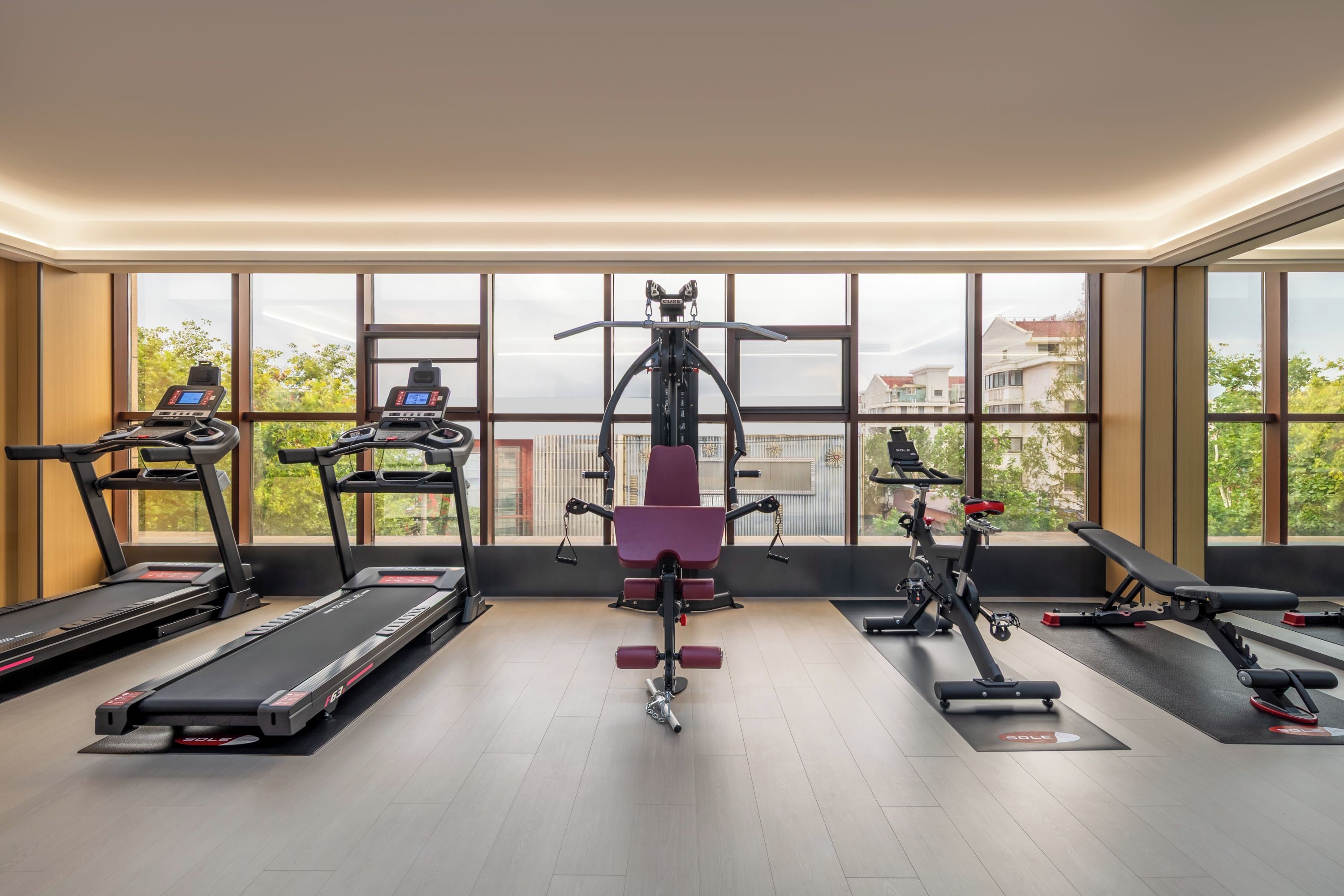 A gym with treadmills, a stationary bike, and a weight machine.