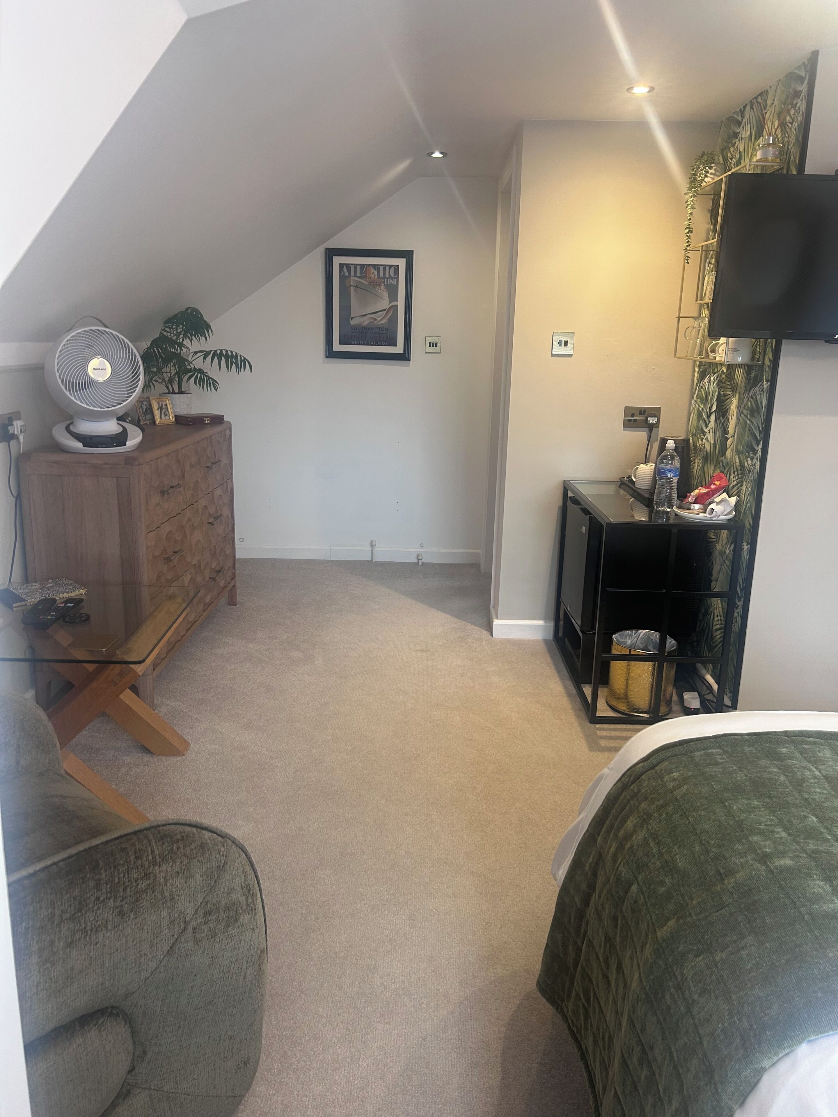 A bedroom with a sloped ceiling, a bed, a dresser, a desk with a chair, a fan, a framed picture, and a small table with a plant.