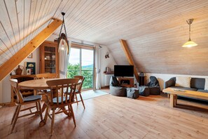 Télévision, cheminée, lecteur de DVD, table de tennis de table