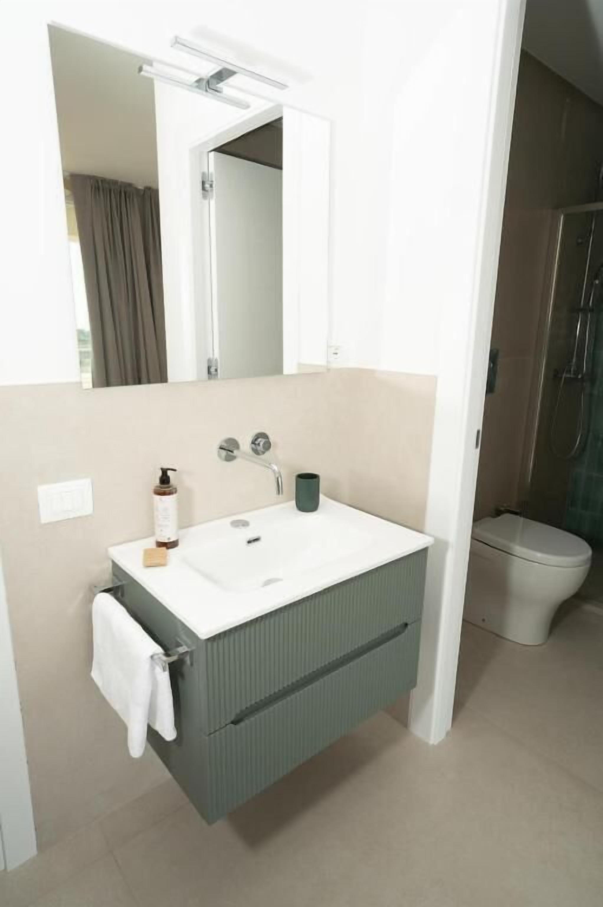 Ein modernes Badezimmer mit Waschbecken, Spiegel und Dusche.