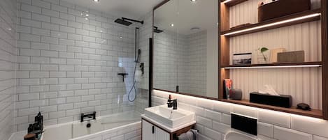 Hair dryer, towels, soap, toilet paper