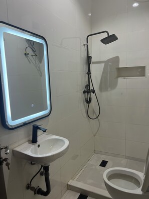 Shower, hair dryer, bidet, towels