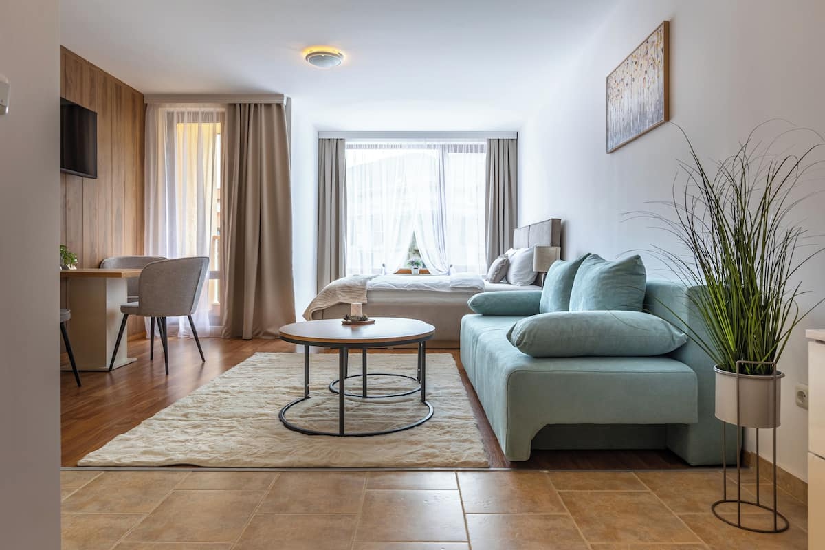 Suite estudio Deluxe, cocina, vistas a la montaña | Tabla de planchar con plancha, cunas gratuitas, wifi gratis