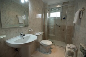 Hair dryer, towels, soap, shampoo