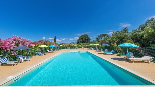 A rectangular swimming pool with clear blue water, surrounded by lounge chairs and umbrellas, and bordered by a wooden deck. - Agriturismo 'Il Nazareno - Civetta' with Shared Pool, Private Terrace and Wi-Fi (Cecina)