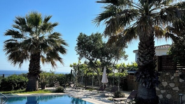 A swimming pool with palm trees and lounge chairs, surrounded by a stone wall and a view of the sea. - Family villa Keshi - not far from Tsilivi beach (Tragaki)