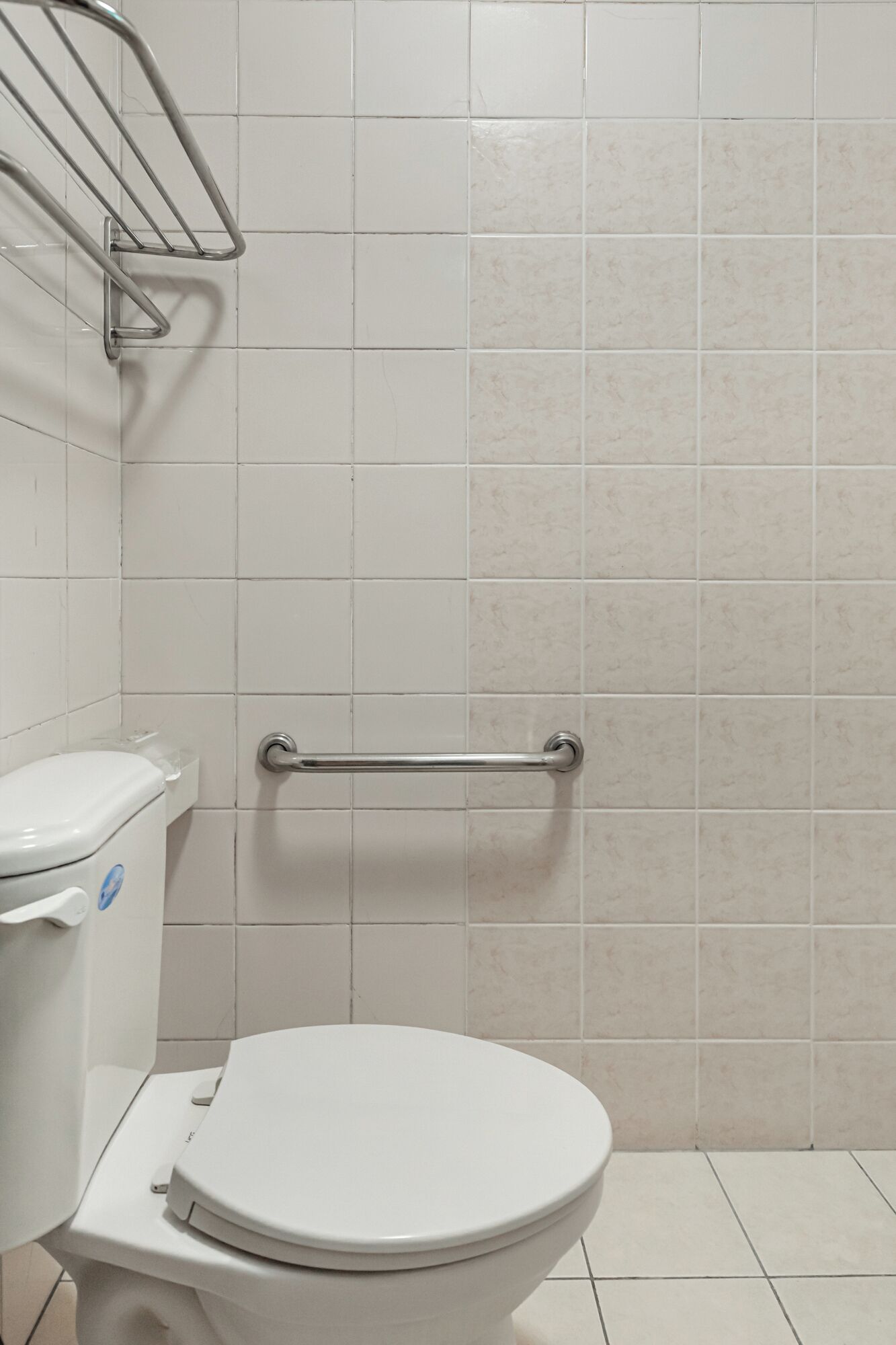 A bathroom with a white toilet, a grab bar, and a shower area.