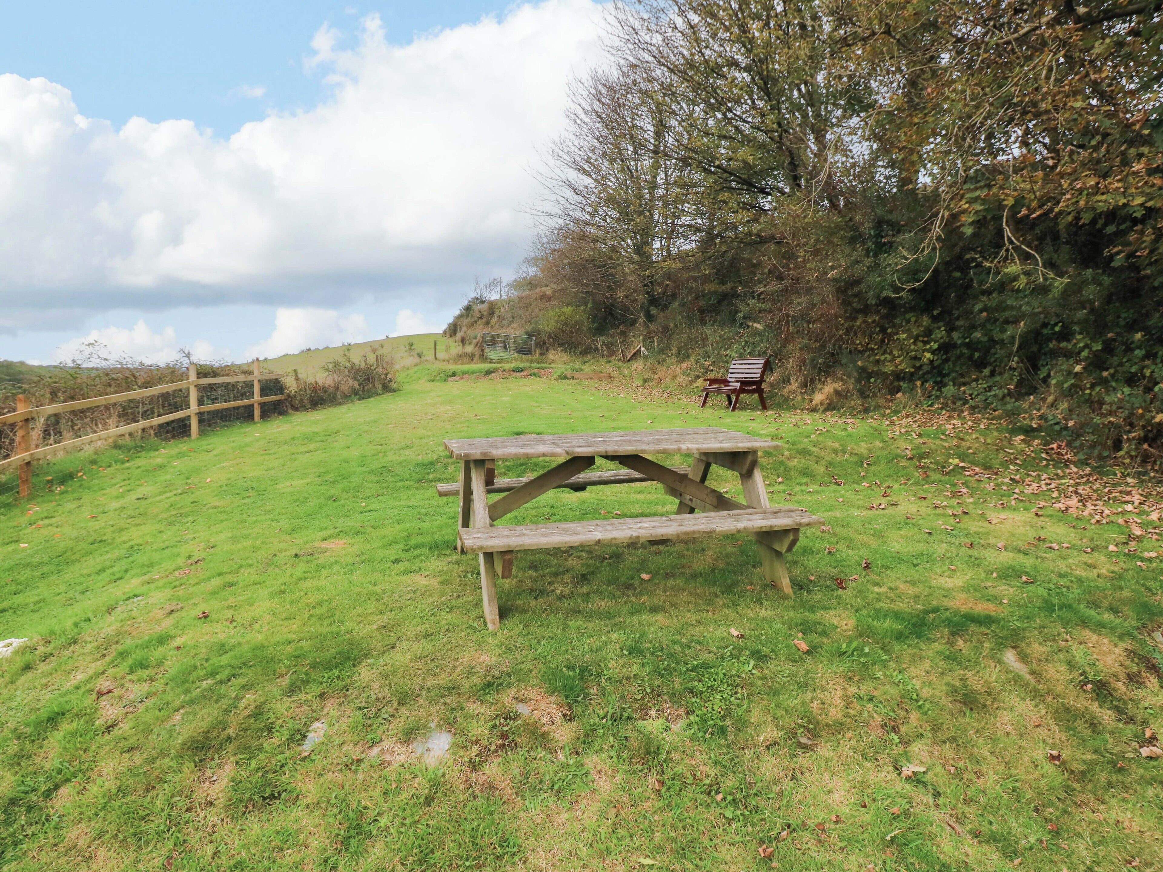 A picnic table in a grassy field with a bench in the background.