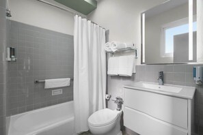 Shower, hair dryer, shampoo