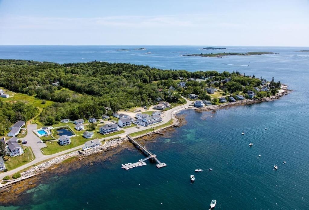 An aerial view of a coastal residential area with houses, a dock, and boats.