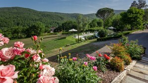 A garden with flowers, a lawn, and a view of a forested hill. - Villa Fiorda by MMega (Città di Castello)