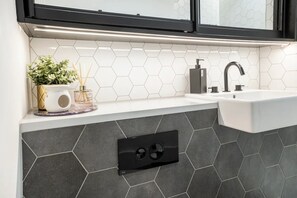 Hair dryer, towels, soap, toilet paper